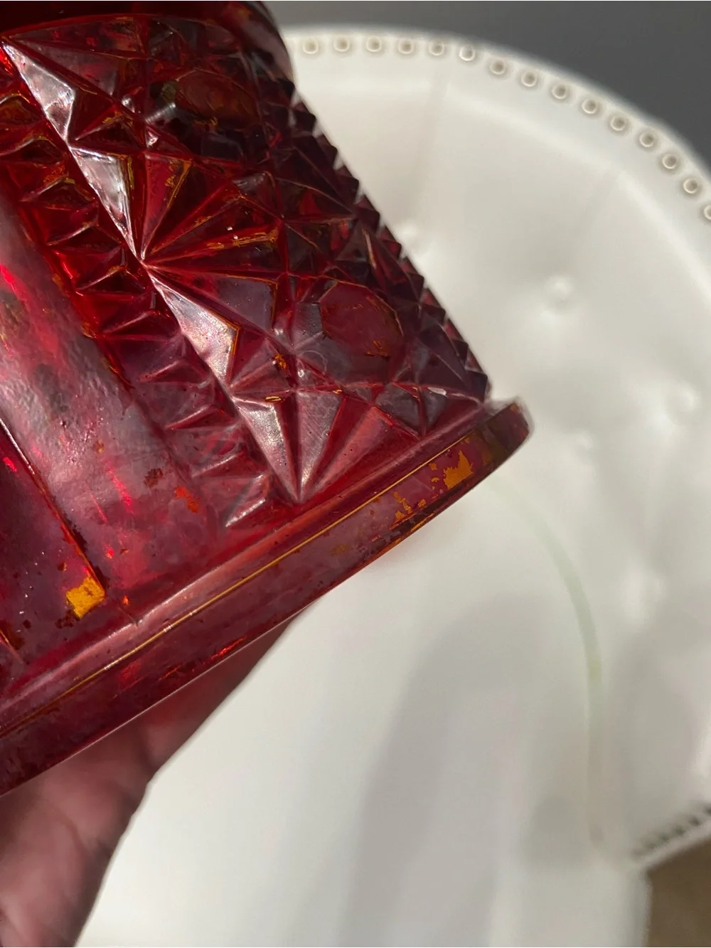 Vintage INDIANA GLASS Fairy Lamp Ruby Flash Red over Amber STARS & BARS - Picture 12 of 17